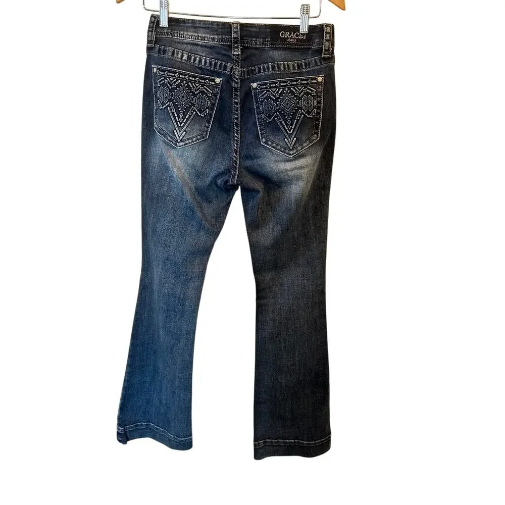 Grace in LA Womens 28 Bootcut Jeans Blue Embellished Aztec Pocket Western EUC